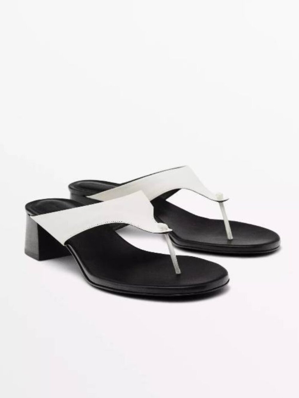 Massimo Dutti Leather Block Heel Thong Sandals White EU 36 US 6 1634/650